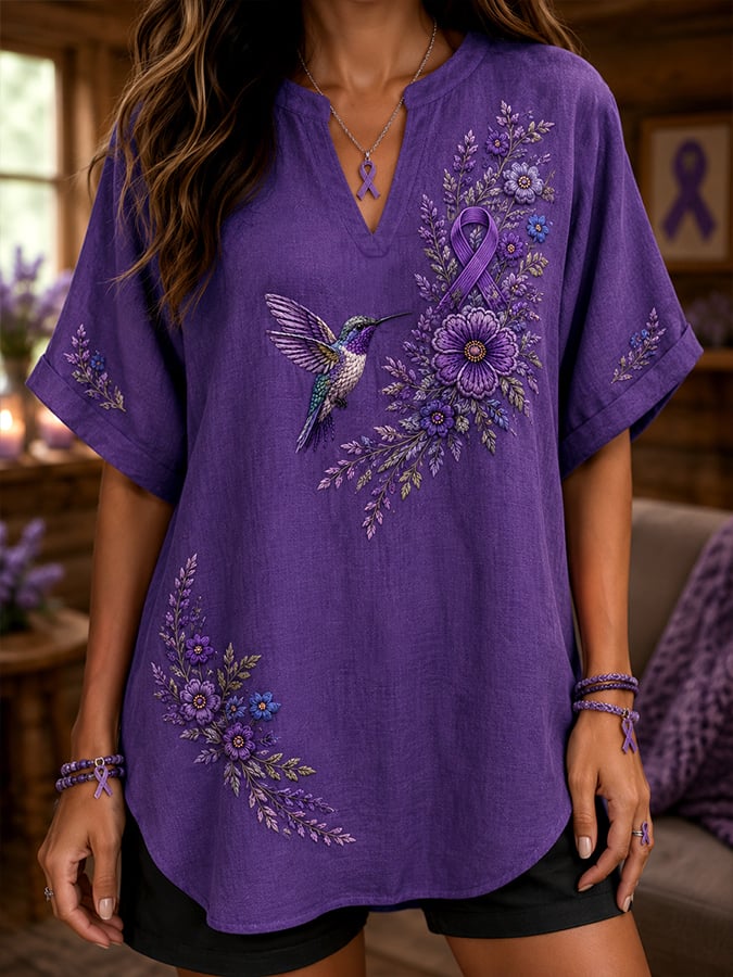 Women's Purple Floral Print Short Sleeve Blouse